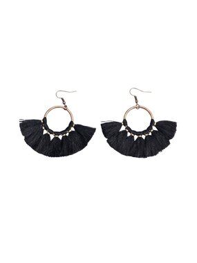 3/$20 NIP | Black Silk Tassel Fan Statement Hoop Earrings Gold Tone Boho
